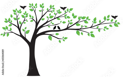 Beautiful tree with leaves and birds isolated on white background  vector illustration