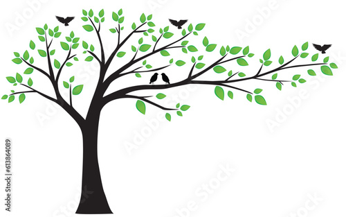 Beautiful tree with leaves and birds isolated on white background, vector illustration