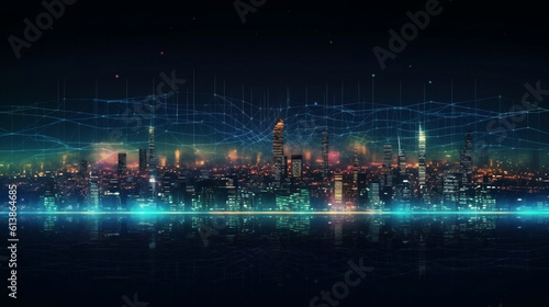 Smart city and abstract dot point connect with gradient line and aesthetic Intricate wave line design , big data connection technology concept. Generative ai. © Aiakos
