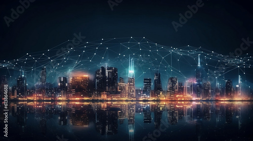 Smart city and abstract dot point connect with gradient line and aesthetic Intricate wave line design , big data connection technology concept. Generative ai.