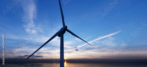 Ocean Wind Farm. Windmill farm in the ocean. Offshore wind turbines in the sea. 