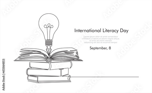 International literacy day. Continuous one line art for congratulation cards, banners and flyers. International literacy day. concept. Vector illustration.