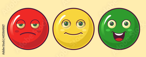 Rating scale or pain scale in the form of emoticons. From red to green smiley. Vector clipart isolated on white background.