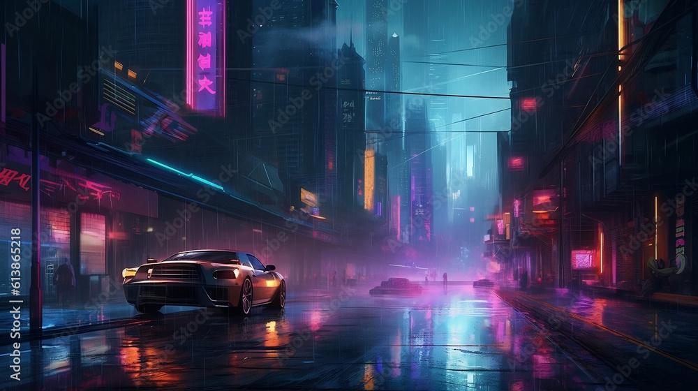 Spectacular nighttime in cyberpunk city of the futuristic fantasy world features skyscrapers, flying cars, and neon lights. Digital art illustration. Acrylic painting. Generative ai.