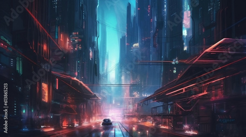 Spectacular nighttime in cyberpunk city of the futuristic fantasy world features skyscrapers, flying cars, and neon lights. Digital art illustration. Acrylic painting. Generative ai.