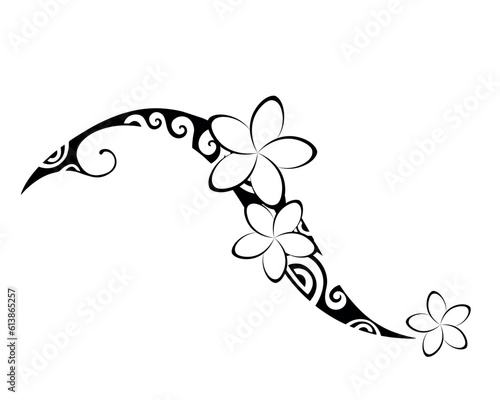Maori style tattoo. Ethnic decorative oriental ornament with Frangipani Plumeria flowers. Coloring book page.	
