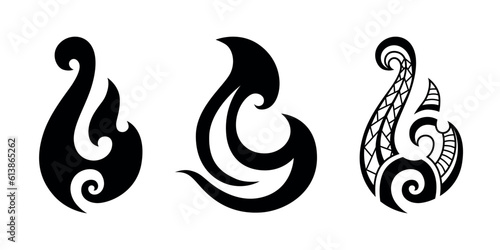 Maori tattoo style fish hook set. Bone matau. Hei matau.	
