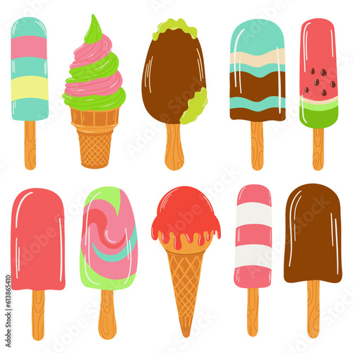 Ice cream set. Colorful ice-cream cones and popsicles. Isolated ice-cream cones and popsicle with different topping.