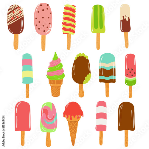 Ice cream set. Colorful ice-cream cones and popsicles. Isolated ice-cream cones and popsicle with different topping.