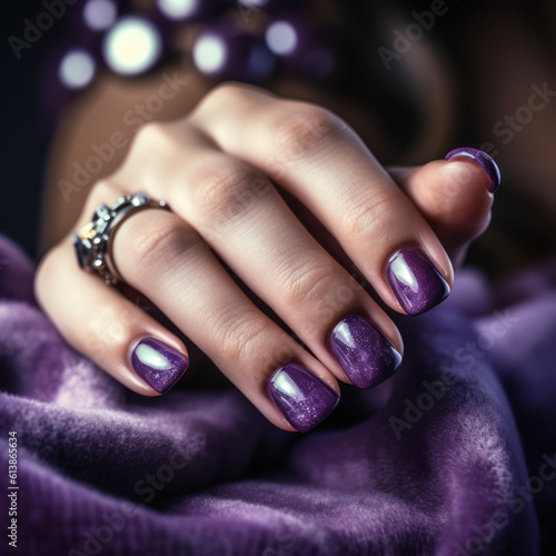 Beautiful female hands with purple manicure close-up, modern stylish manicure, generative ai