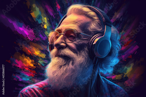 Elderly man with a beard and a headphones, multi-colored strokes of paint drawing. Generative AI