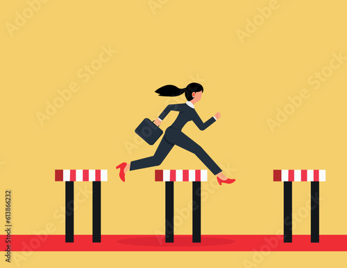 Businesswomen jumping over hurdle. concept overcoming obstacles and achieving the goal