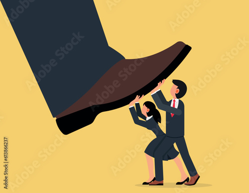 Unfair competition, Conflict or employee fight concept. Small businessmen and women trying to push back giant boss or competitor big feet.