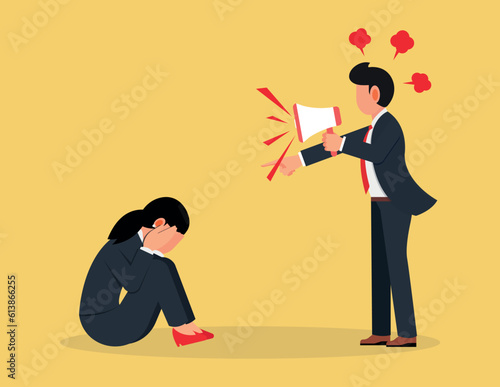 Work pressure at the office concept. Frustrated male manager yelling at female employee using megaphone