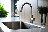 Modern tap faucet and sink on new kitchen. Generative A