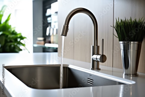 Modern tap faucet and sink on new kitchen. Generative A