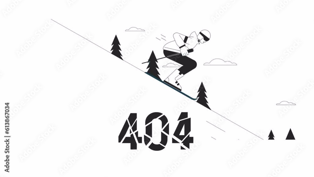 Skiing down bw 404 error animation. Ski lifestyle. Empty state 4K video concept footage with alpha channel transparency. Outline monochrome page not found flash message for UI, UX web design Skiing down bw 404 error animation. Ski lifestyle. Empty state 4K video concept footage with alpha channel transparency. Outline monochrome page not found flash message for UI, UX web design