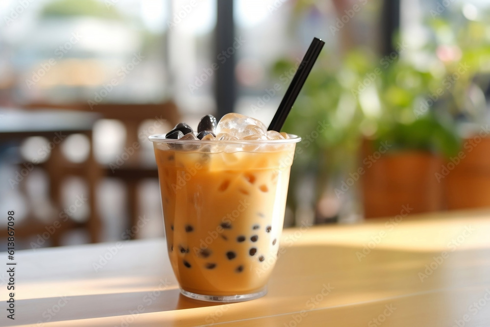 On a wooden cafe table, there sits a plastic cup filled with light brown milk tea, adorned with black bubble jellies at the bottom and a broad black straw. On a wooden cafe table, there sits a plastic cup filled with light brown milk tea, adorned with black bubble jellies at the bottom and a broad black straw.