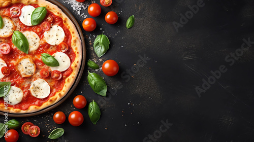 Delicious pizza on a black tabletop 