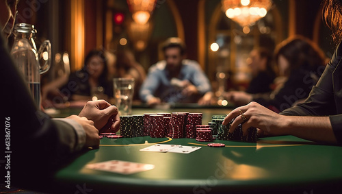 Fotografia casino, gambling, poker, people and entertainment concept close up of poker play