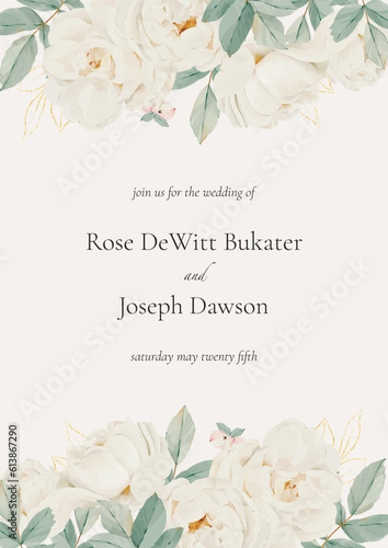 White Roses and Green Leaves Background. Elegant floral border. White flowers watercolor frame. Vector floral arrangement.