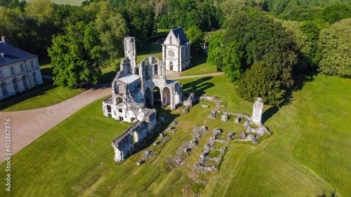 Aerial view of the ruins of the Royal Abbey of Chaalis near Ermenonville in the French department of Oise in Picardy, North of France photo