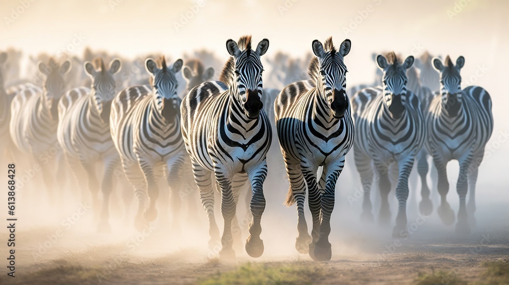  a herd of zebras running across a dusty field in the sun.  generative ai - obrazy, fototapety, plakaty 