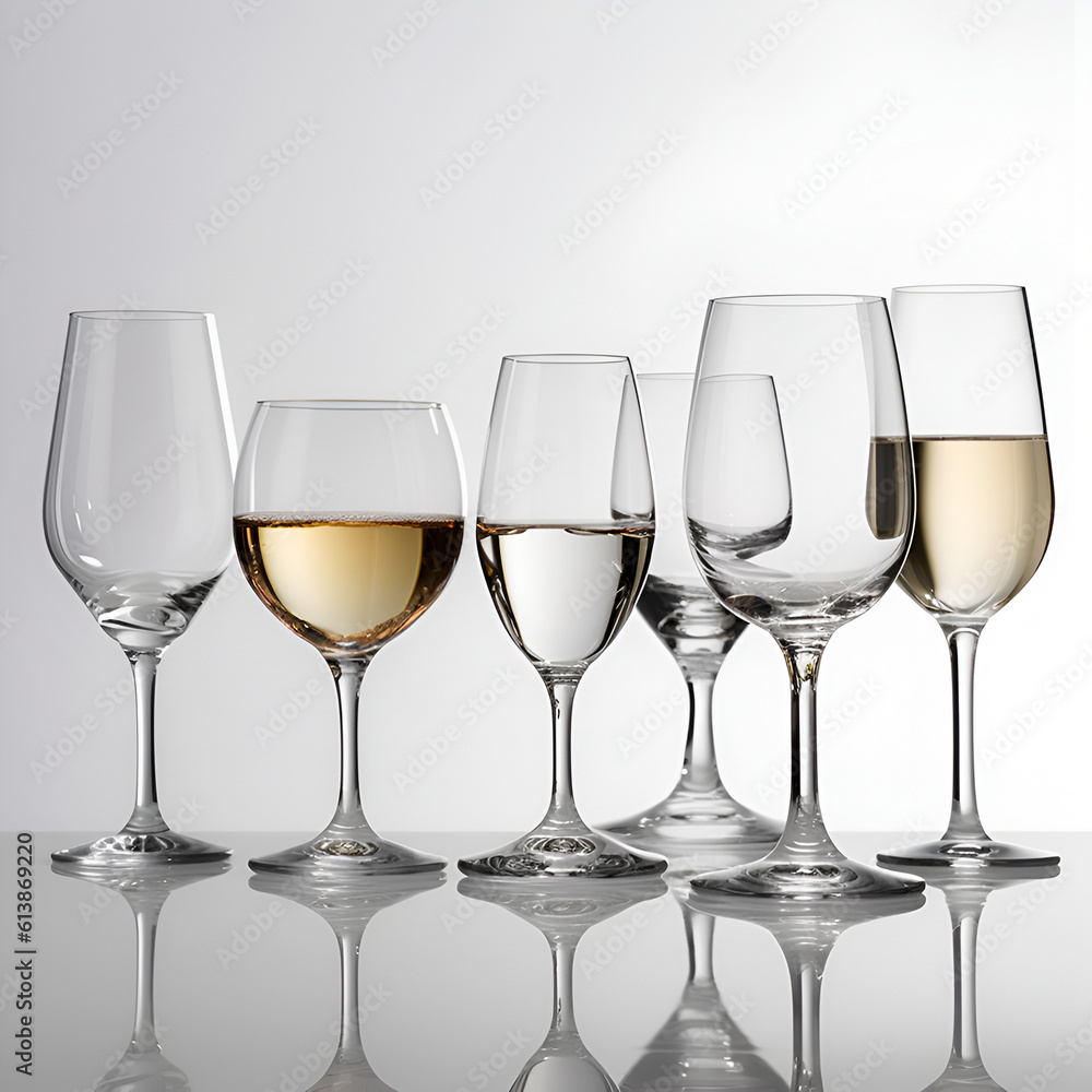 Empty transparent wine glasses on a table on light background. AI generated Empty transparent wine glasses on a table on light background. AI generated
