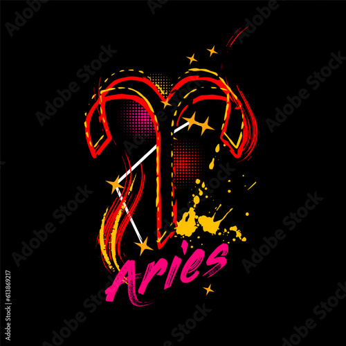 Label with icon of zodiac sign Aries with constellation, text, paint splatter, smudge, brush strokes. Horoscope esoteric element of the element of fire. For clothing, apparel, t shirt decoration