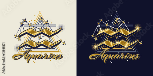 Golden icon of zodiac sign Aquarius with constellation with stars, text, triangle as alchemical symbol for air element. Horoscope esoteric elements. Vintage style.