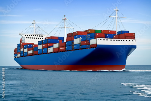 Container ship. Cargo shipping container in sea. Freight ship boat. Generative AI