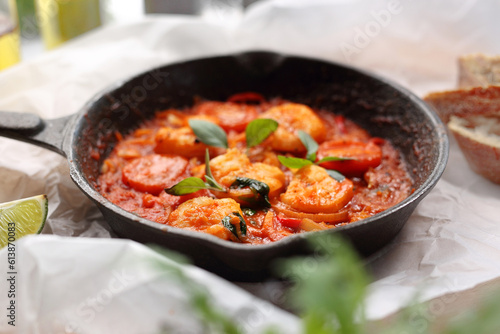 Shrimps in tomato sauce, in frying pan, close-up. Prawns in red sauce, in cast iron pan, selective focus.