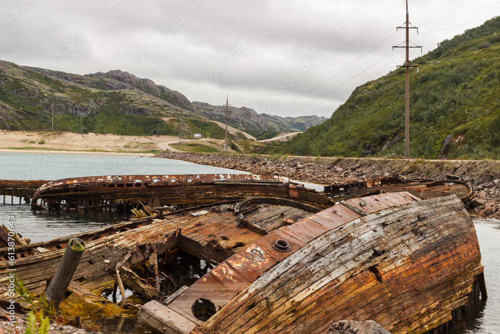 Background on the sea coast near Teriberka. Abandoned rusty ships Background on the sea coast near Teriberka. Abandoned rusty ships