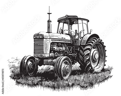 Vintage tractor hand drawn sketch in doodle style illustration