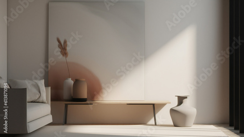 Stylish Interior with an Abstract Mockup Frame Poster, Modern interior design, 3D render, 3D illustration