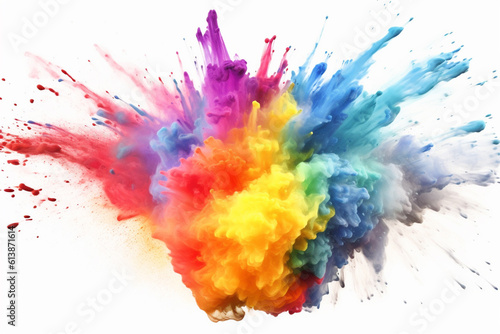 Colorful rainbow holi paint splash, color powder explosion on white background created with Generative AI technology