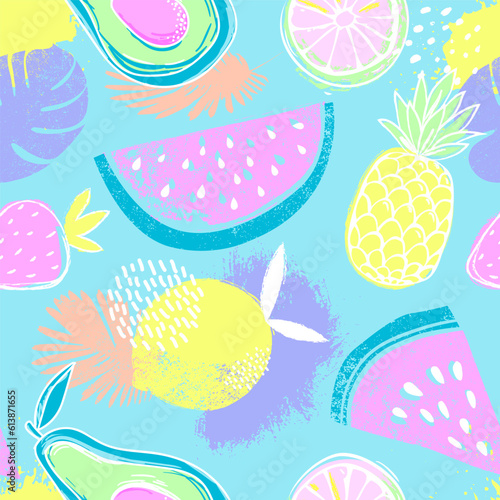Fashion tropics funny wallpapers. Seamless pattern with watermelon, strawberries and oranges on blue background. Bright summer fruits illustration. Fruit mix design for fabric and decor