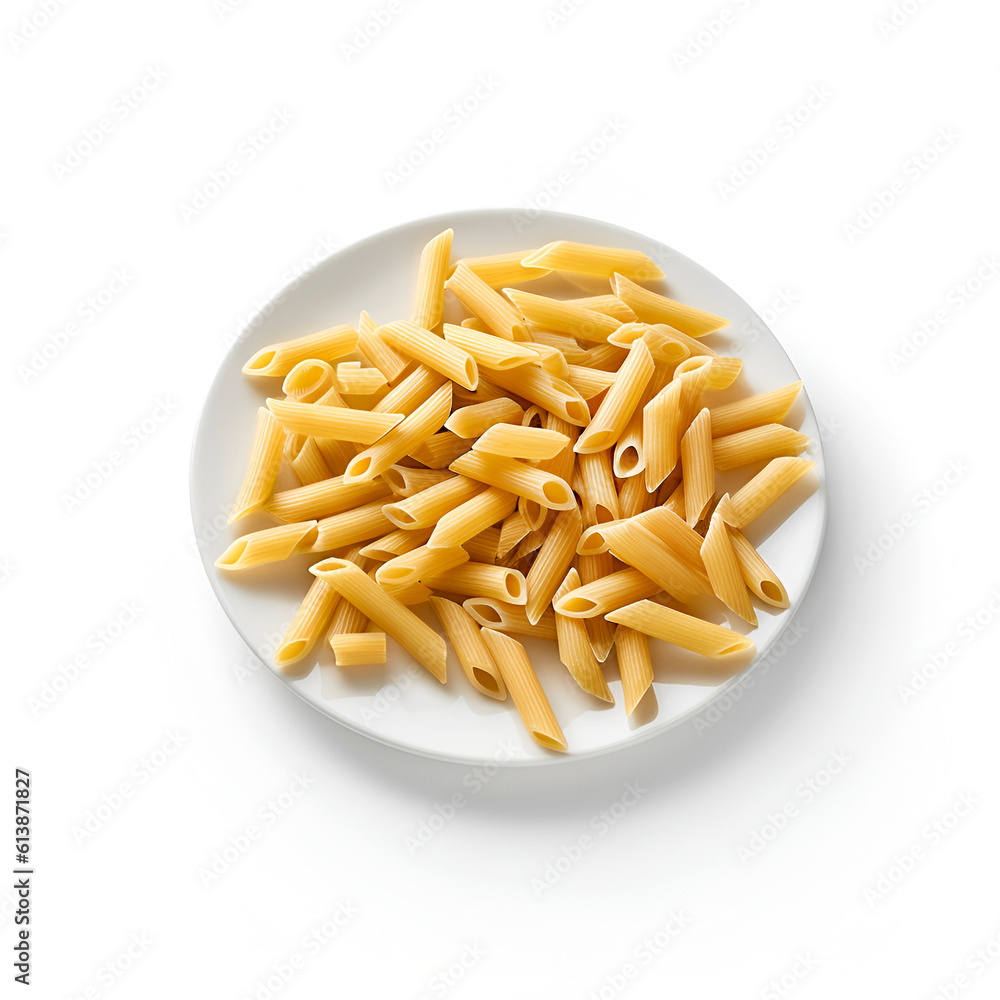 Raw penne pasta on a plate isolated on white background. AI generated Raw penne pasta on a plate isolated on white background. AI generated