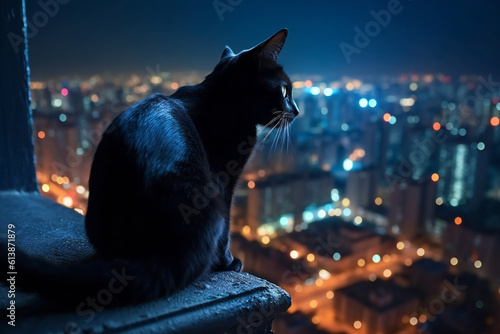 Illuminated City Architecture with Blue Night Sky and Domestic Cat.