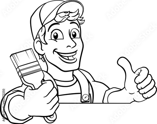 A painter decorator construction handyman cartoon man holding a paintbrush brush. Peeking over a sign giving a thumbs up