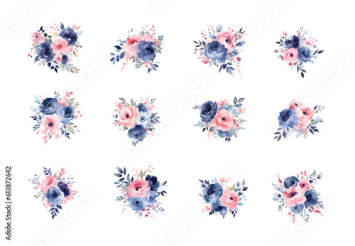 Watercolor navy blue and pink flowers set, vintage vector flowers collection.