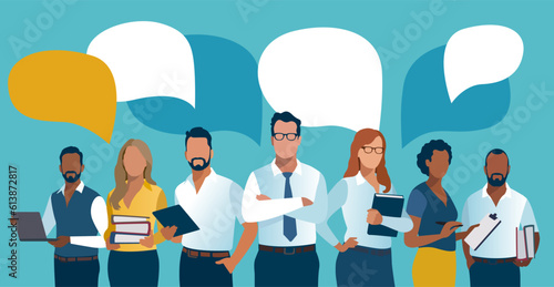 Leader, his team and speech bubbles. Communication concept.  Business vector illustration template.
