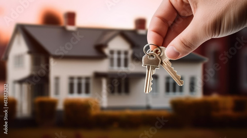 Mortgage, investment, real estate and property concept of hand presenting house keys as a completion of the deal. 