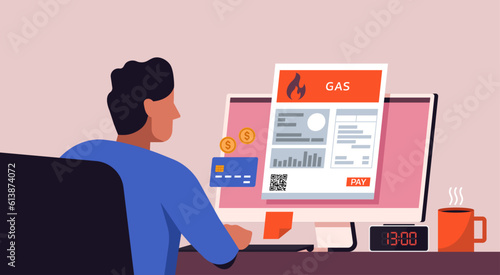 Man using credit card for gas energy online bill payment on desktop computer screen, vector flat illustration