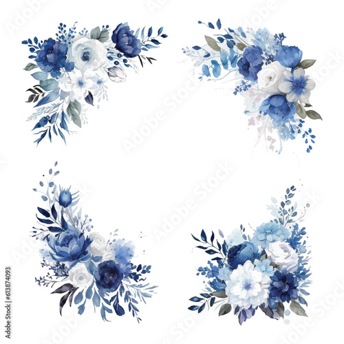 Dusty blue rose, echeveria succulent, white hydrangea, ranunculus, anemone, eucalyptus, juniper vector design wedding bouquets. Seasonal flower card. Floral square composition. Isolated and editable