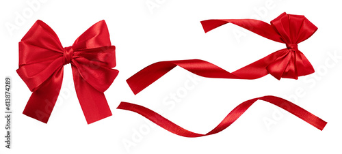 Fotografia, Obraz Set of red silk tied bow and wavy red ribbon for gift package decoration