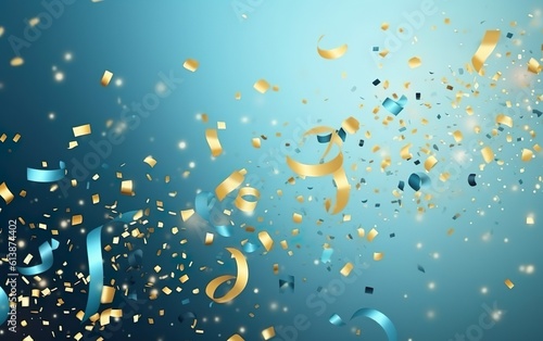 Gold and blue confetti on a blue background with copy space. AI, Generative AI