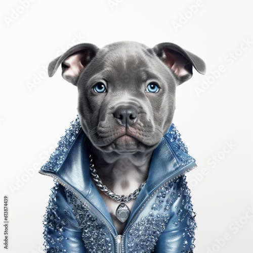 Staffy puppy in jacket isolated on white background
