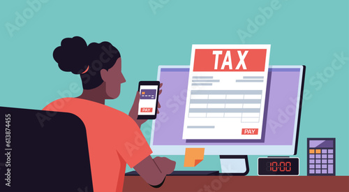 Woman holding smartphone using credit card for paying online tax document paper on computer screen, vector flat illustration
