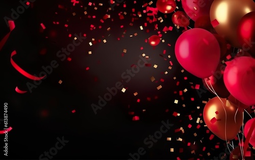 Gold and red confetti and balloon on a black background with copy space. AI, Generative AI